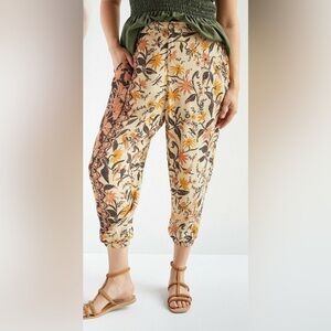 Anthropologie Smocked Balloon-Leg Bird Floral Print Pants